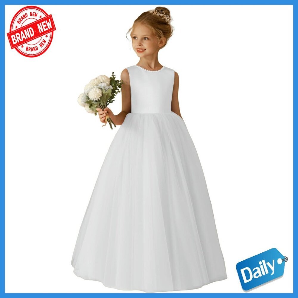 Girls Satin Tulle Flower Girl Dress with Pearl Collar First Communion Gown